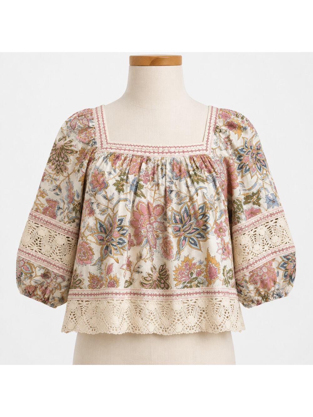 Christian Siriano Floral Peasant Blouse Crochet Lace Trim Linen Blend Small